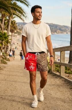 Duvin Design Horsin Around Swim Shorts Red Leopard Cowboy Western Split NWT M